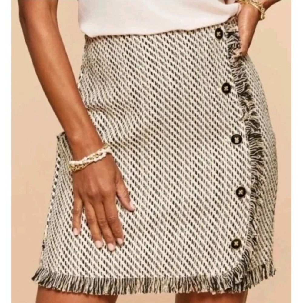 Spartina 449 Elise Tweed Skirt Button Decal Fringed Black Cream Plus Size 16
